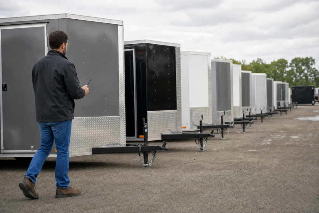 Trailer dealership operator reviewing an orderly row of enclosed trailers
